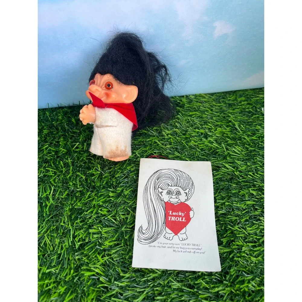 Vintage 1982 Koala-Me Lucky Troll Doll Black Hair Red Cape Korea With Tag